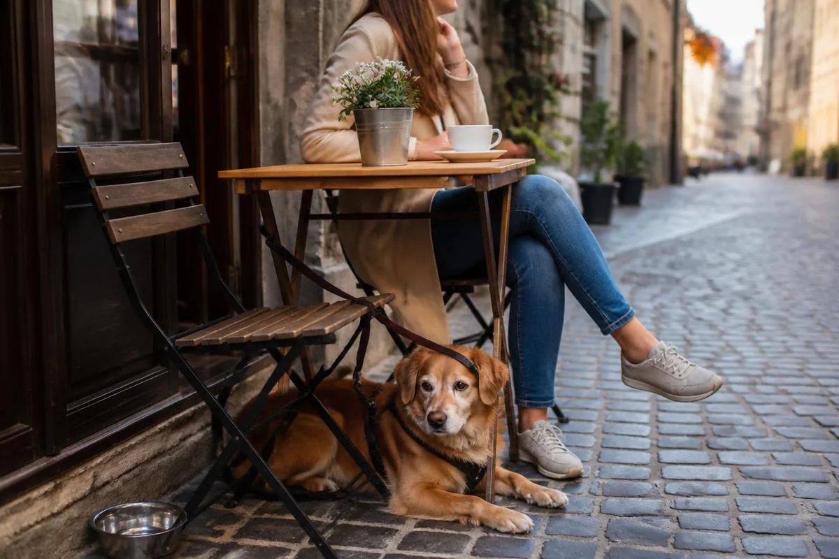 A calm dog resting under a table on a European cafe terrace next to a water bowl