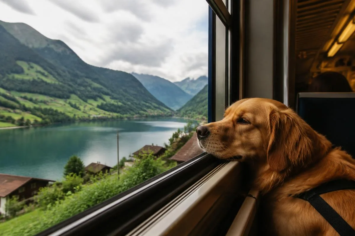 A content dog looking out of a train window at scenic European alpine countryside