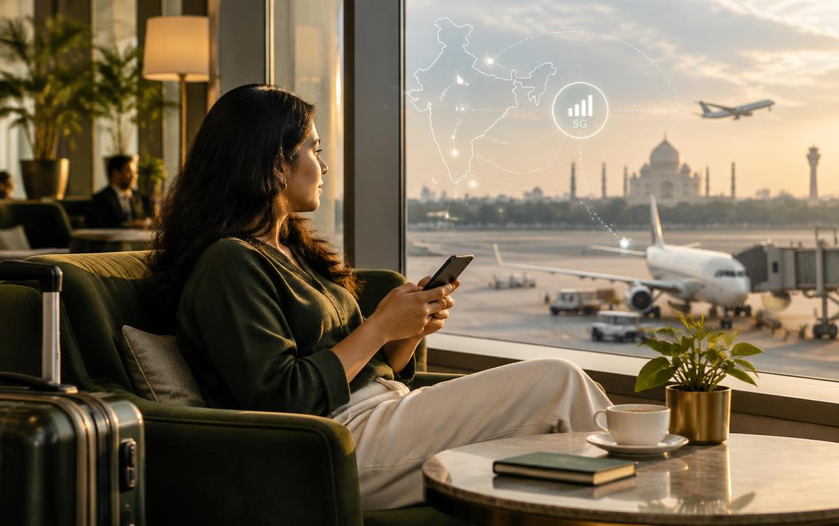 A traveller in an airport lounge holding a phone while a subtle 5G route graphic appears on the window