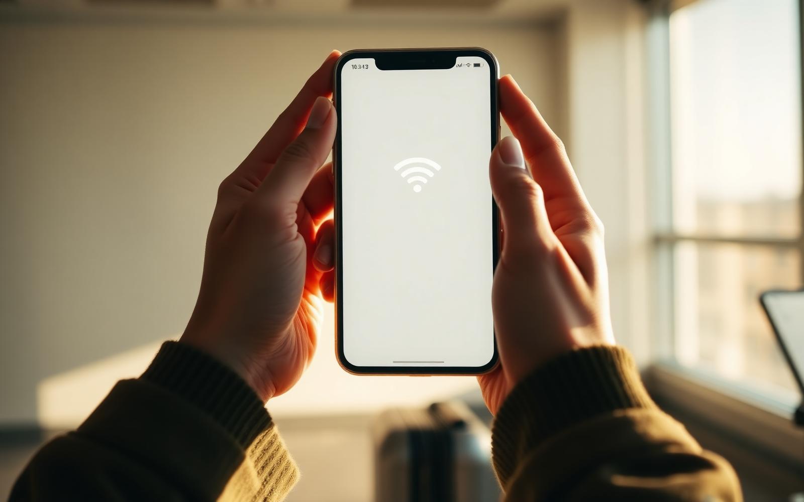 A traveller's hands holding a smartphone in warm airport lounge light, mid-installation of a travel eSIM