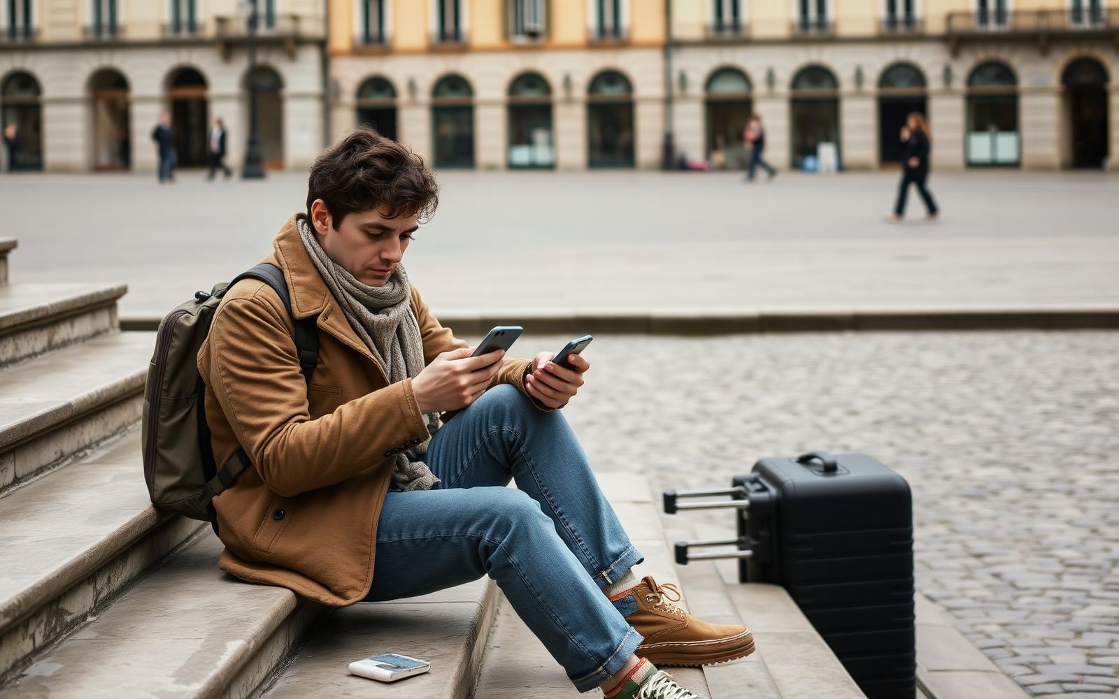 A traveller sitting on stone steps in a European square, checking their phone as they troubleshoot a travel eSIM