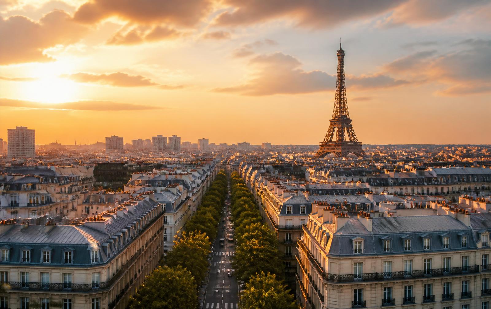 Paris rooftops at golden hour with the Eiffel Tower rising above a tree-lined boulevard
