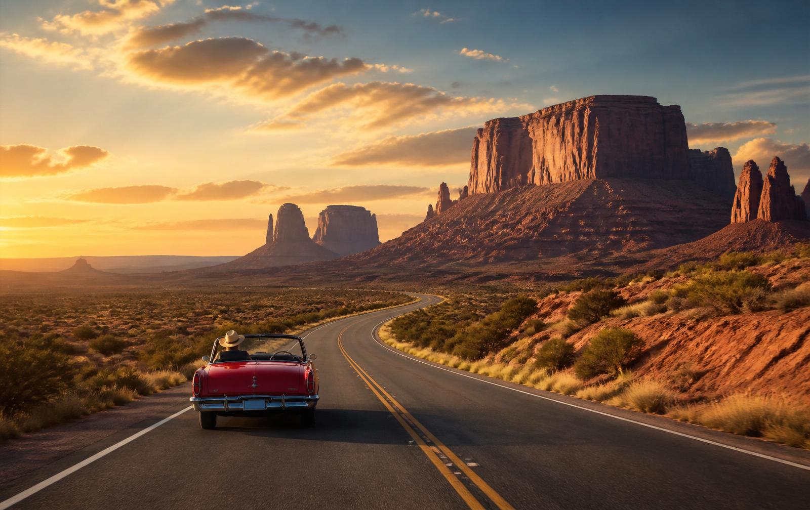 A classic convertible on an empty desert highway curving toward red rock mesas at sunset
