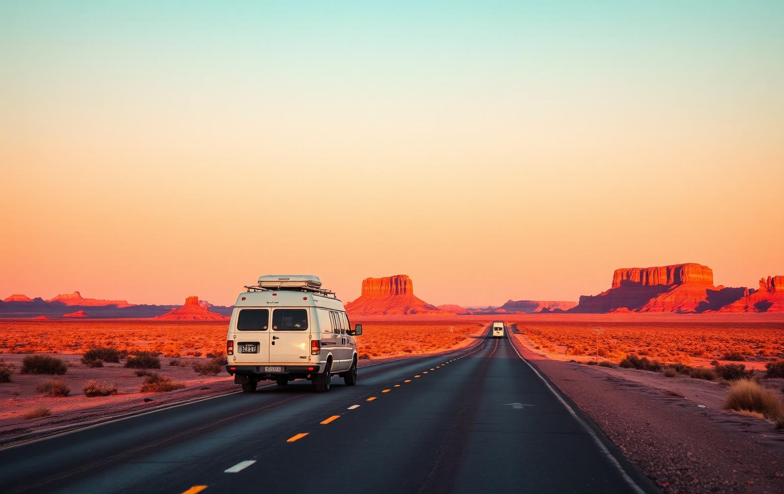 A campervan on an empty desert highway in the American Southwest at golden hour, red rock mesas in the distance