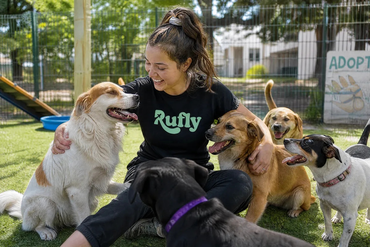 A volunteer caring for rescue dogs at a shelter supported by rufly